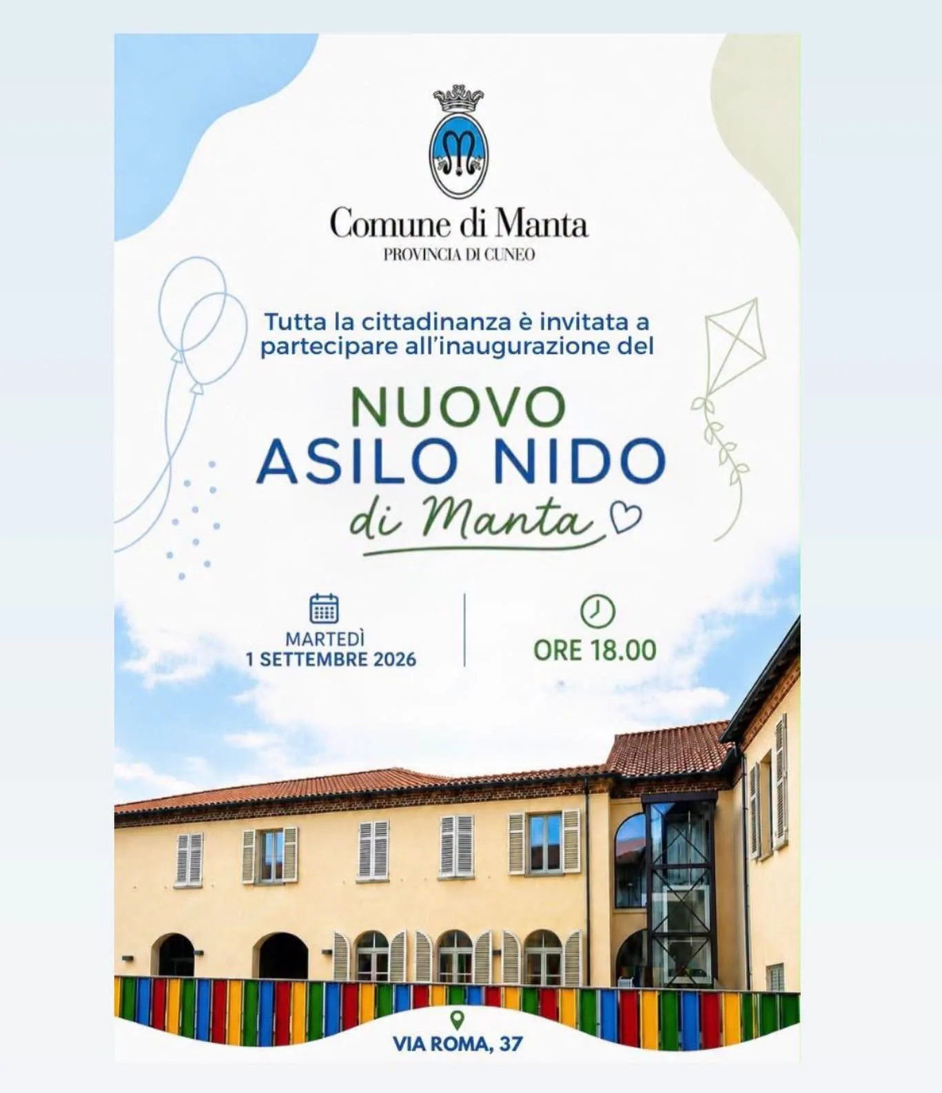 Locandina Inaugurazione Nuovo Asilo Nido di Manta 2026 a Manta (Cuneo)