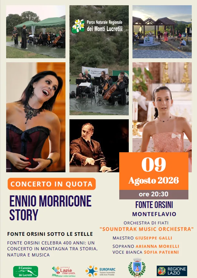Locandina Concerto in quota Ennio Morricone Story 2026 a Monteflavio (Roma)