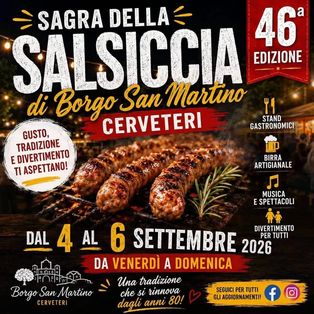 Locandina 46ª Sagra della Salsiccia di Borgo San Martino 2026 a Cerveteri (Roma)