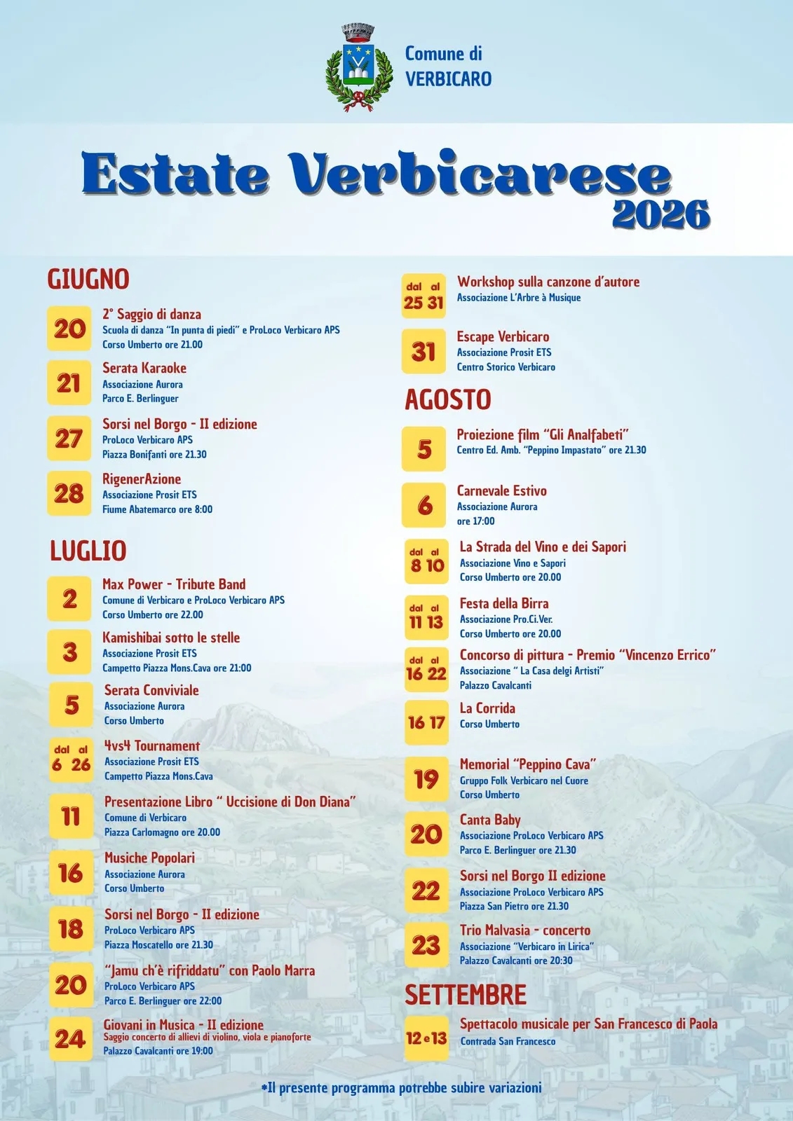 Locandina calendario eventi estate 2026 a Verbicaro (Cosenza)