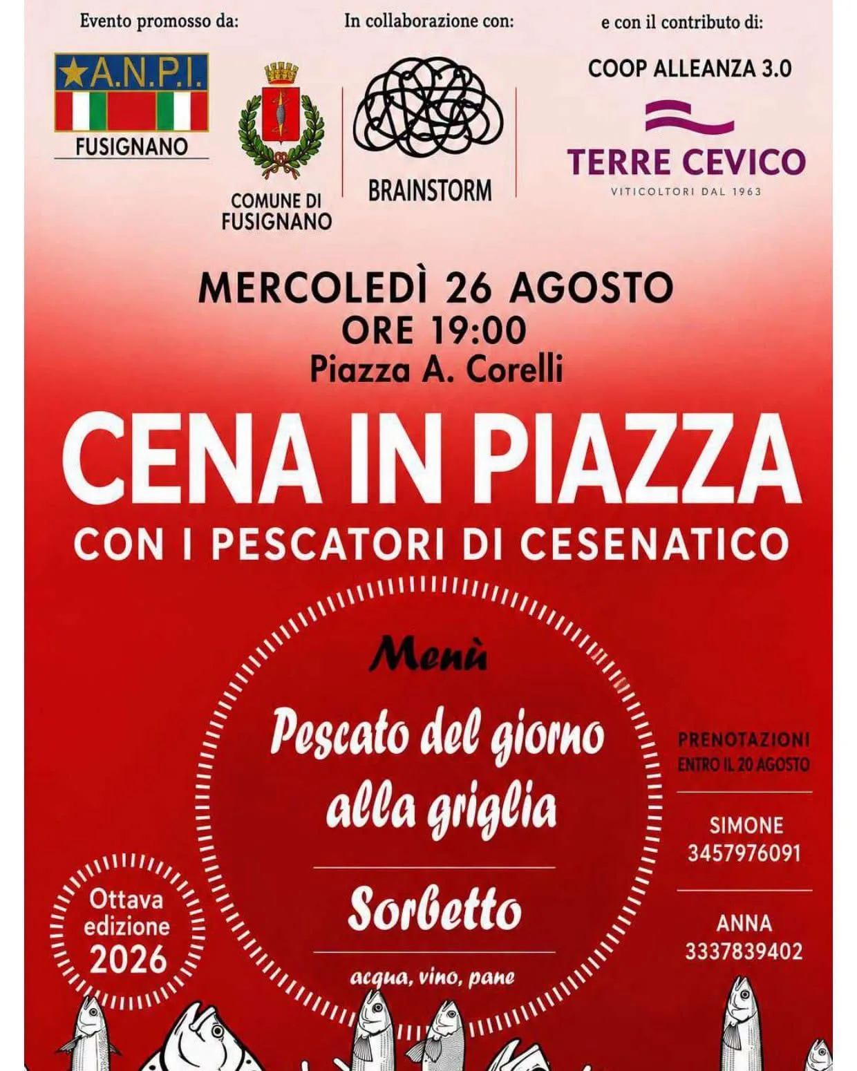Locandina Ottava edizione Cena in Piazza con i Pescatori di Cesenatico 2026 a Fusignano (Ravenna)