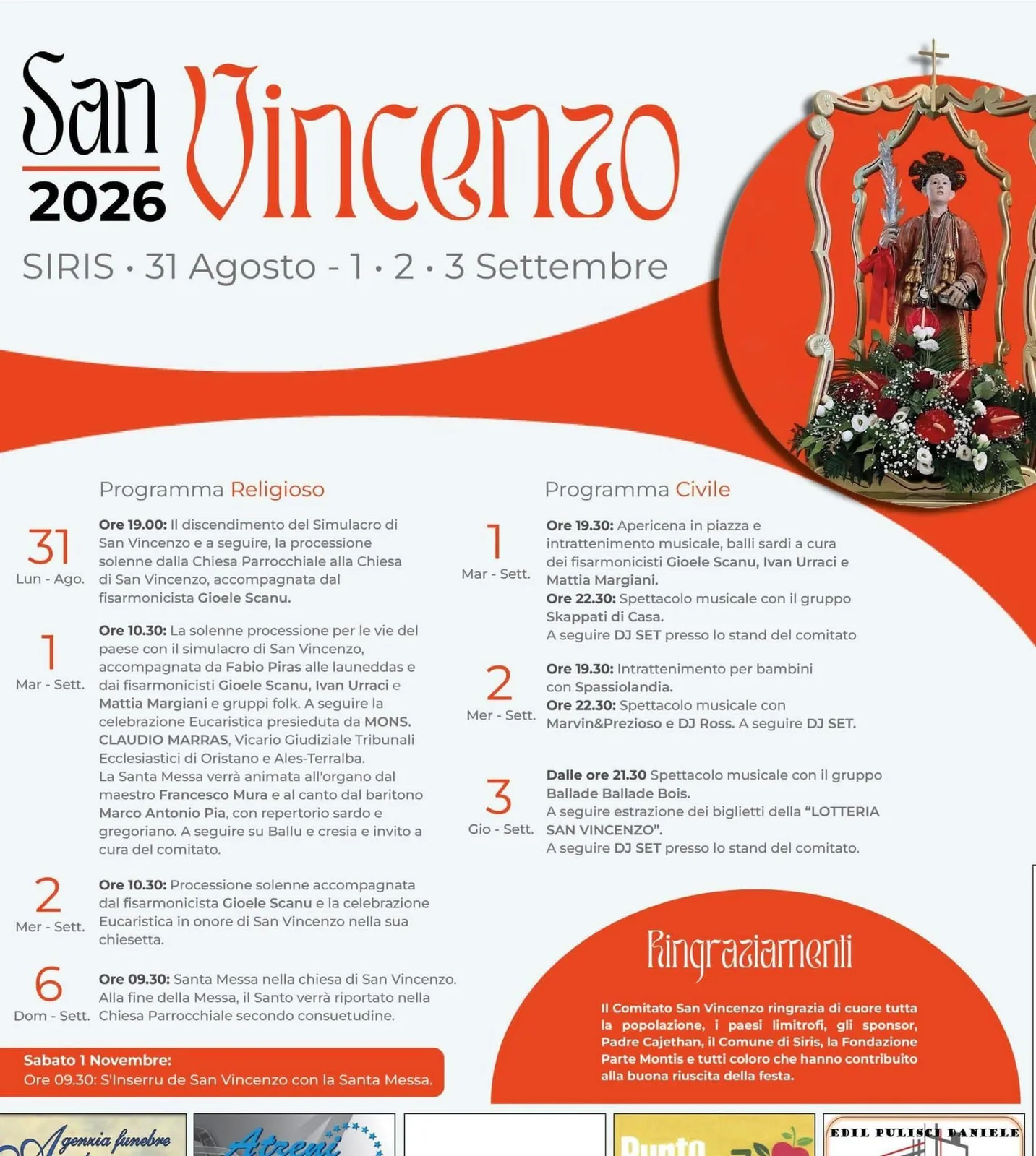 Locandina calendario eventi agosto-novembre 2026 a Siris (Oristano)