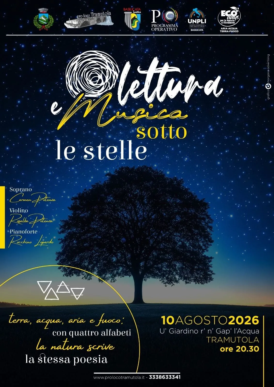 Locandina Lettura e Musica sotto le stelle 2026 a Tramutola (Potenza)