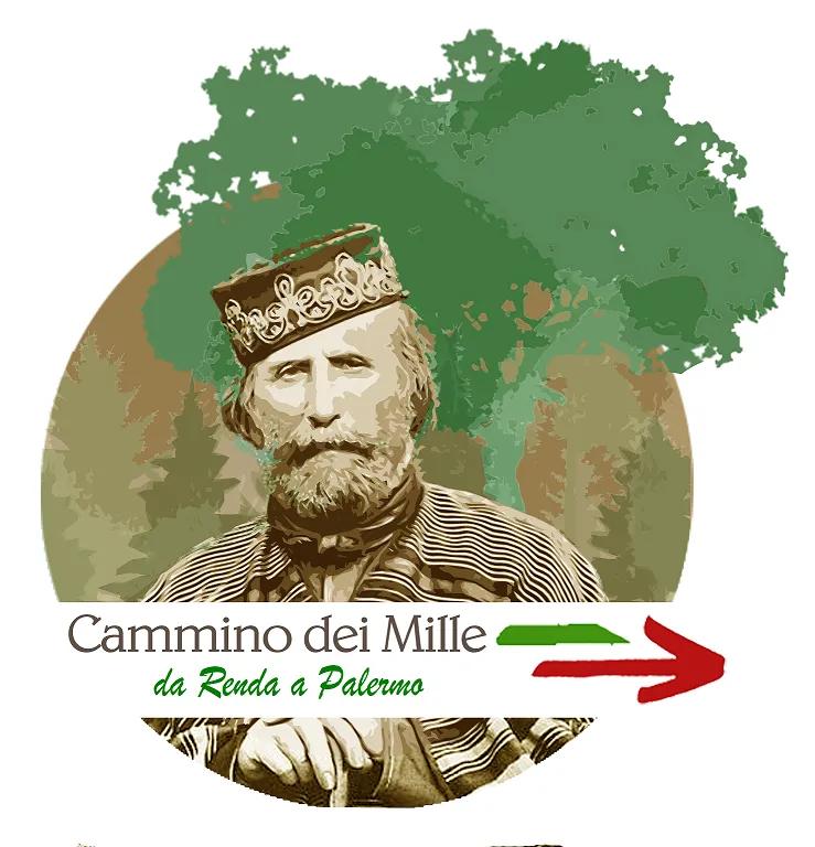 Illustrazione in stile d'epoca di un uomo anziano con barba e berretto ricamato, su uno sfondo di alberi, con la scritta Cammino dei Mille