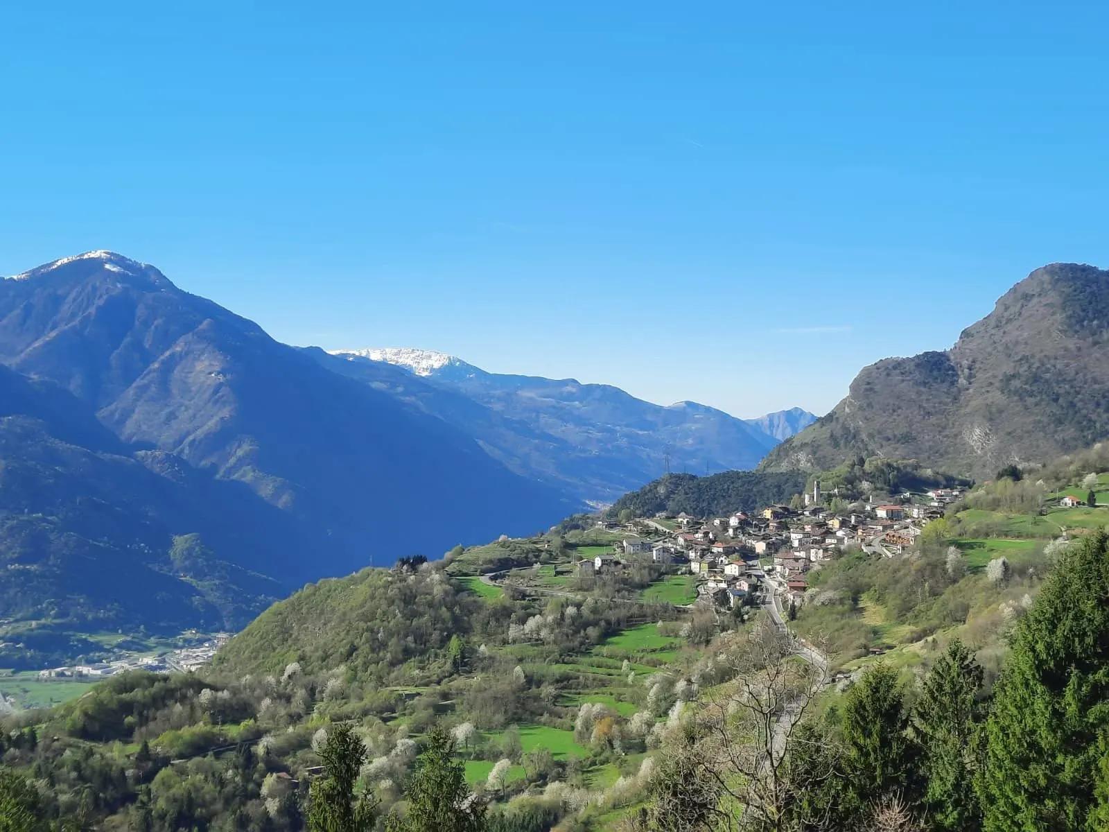 Panorama di un borgo di montagna in Valle Camonica, tra prati e boschi, con le Alpi sullo sfondo