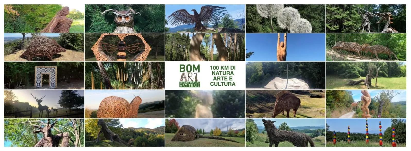 Collage di fotografie di grandi sculture di land art a forma di animali, tra cui un gufo, un'aquila e un lupo, realizzate con legno e rami intrecciati e collocate tra prati e boschi