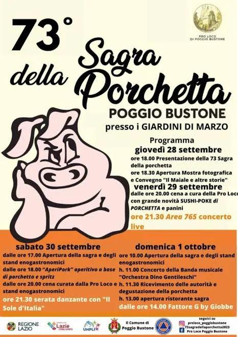 Locandina 73ª Sagra della Porchetta 2023 a Poggio Bustone (Rieti)