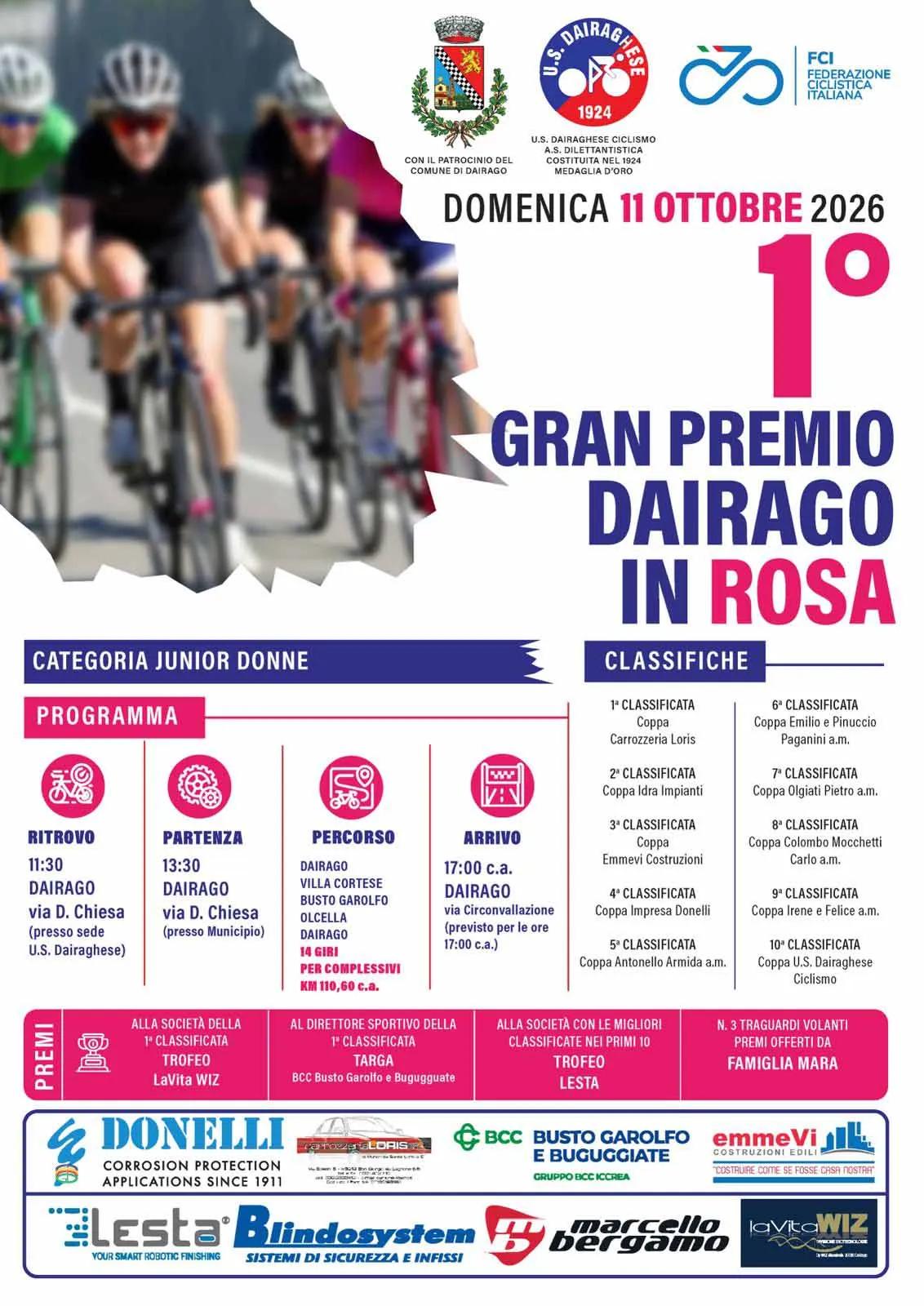 Locandina Primo Gran Premio Ciclismo Dairago in Rosa 11 ottobre: il debutto è internazionale, al via anche atlete da Francia e Svizzera a Dairago (Milano)