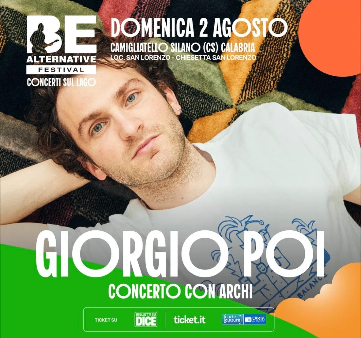 Locandina BE Alternative Festival 2026 - Giorgio Poi concerto con arch a Spezzano della Sila (Cosenza)