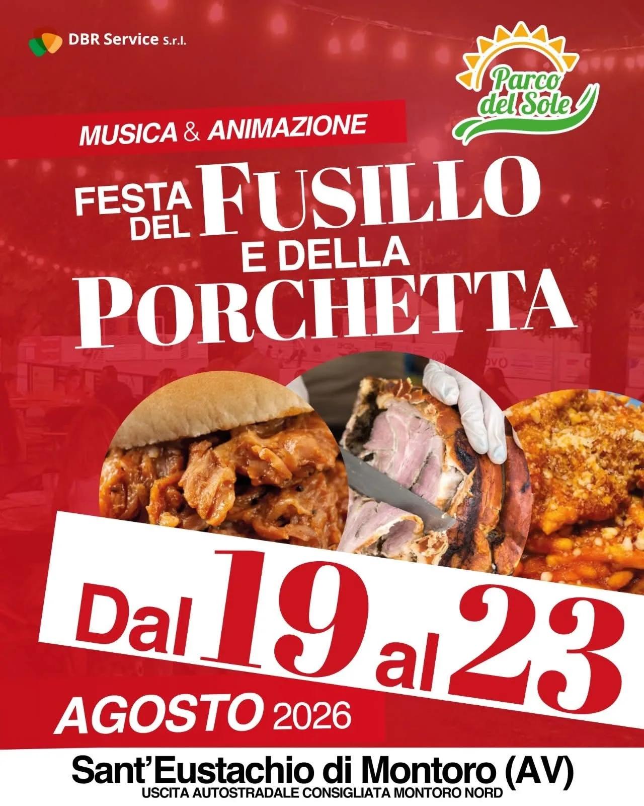 Locandina Festa del Fusillo e della Porchetta 2026 a Montoro (Avellino)