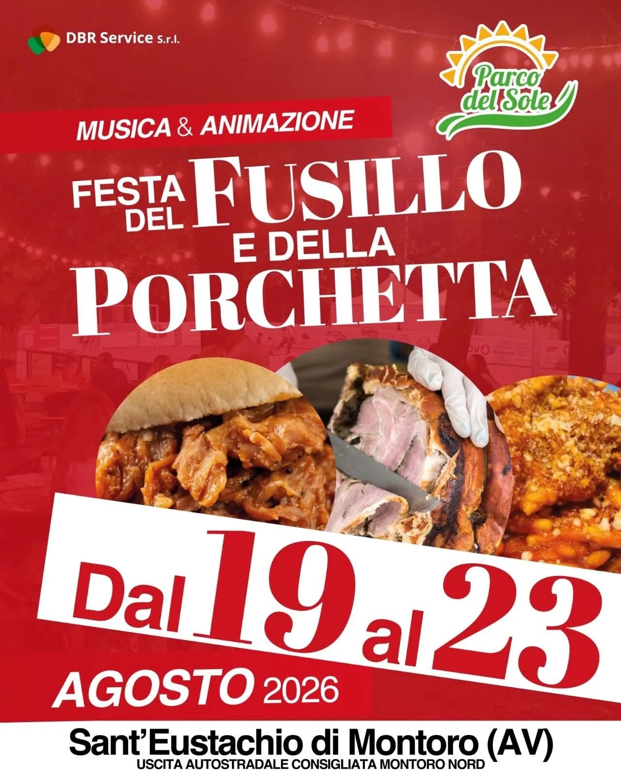 Locandina Festa del Fusillo e della Porchetta 2026 a Montoro (Avellino)