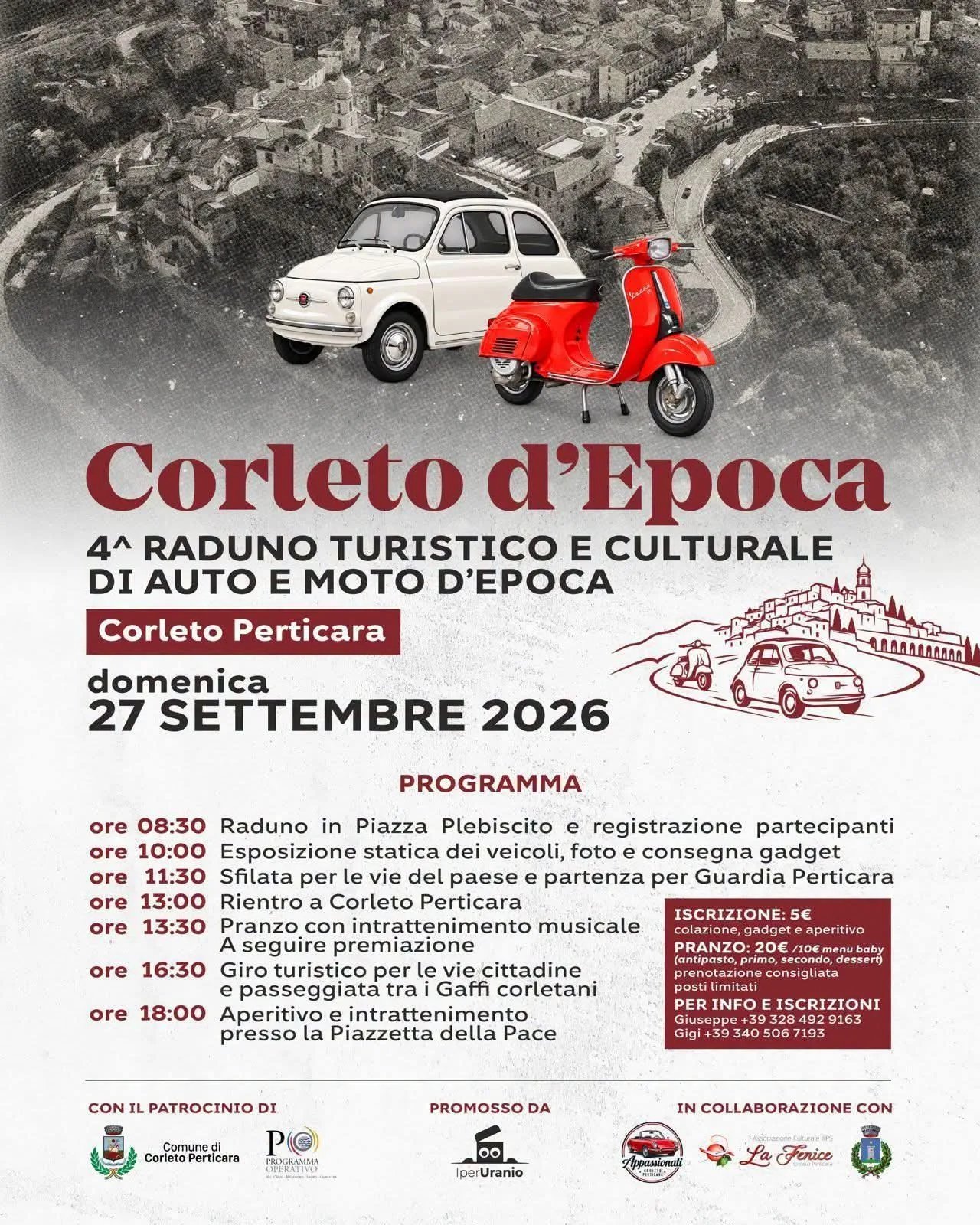 Locandina 4^ Raduno Turistico e Culturale di Auto e Moto d’Epoca 2026 a Corleto Perticara (Potenza)