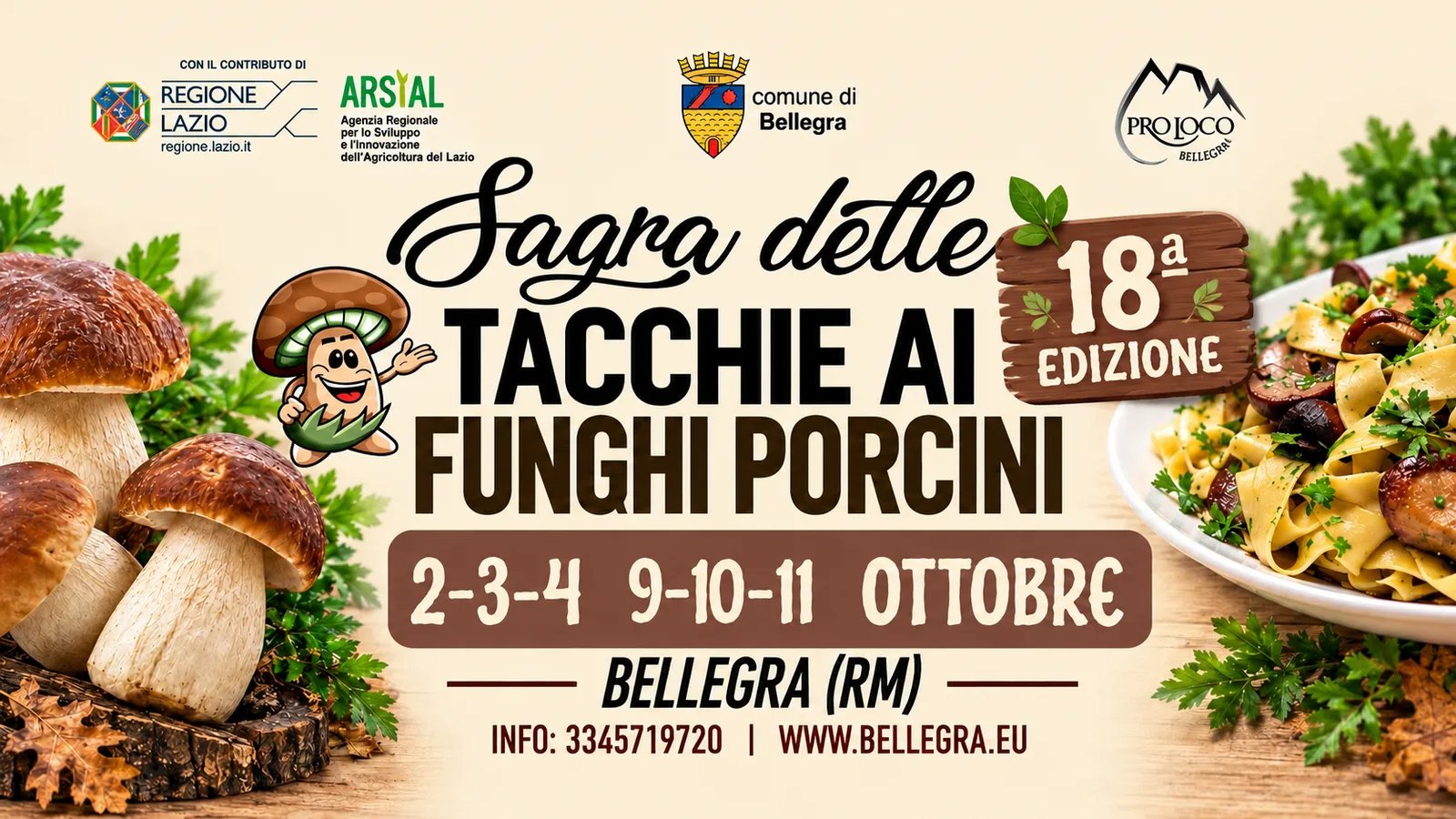 Locandina 18ª Sagra delle Tacchie ai Funghi Porcini 2026 a Bellegra (Roma)