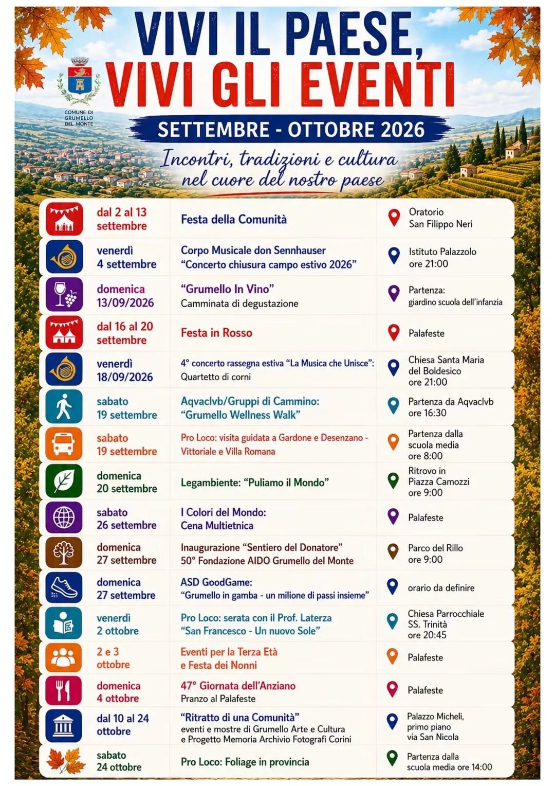 Locandina calendario eventi autunno 2026 a Grumello del Monte (Bergamo)