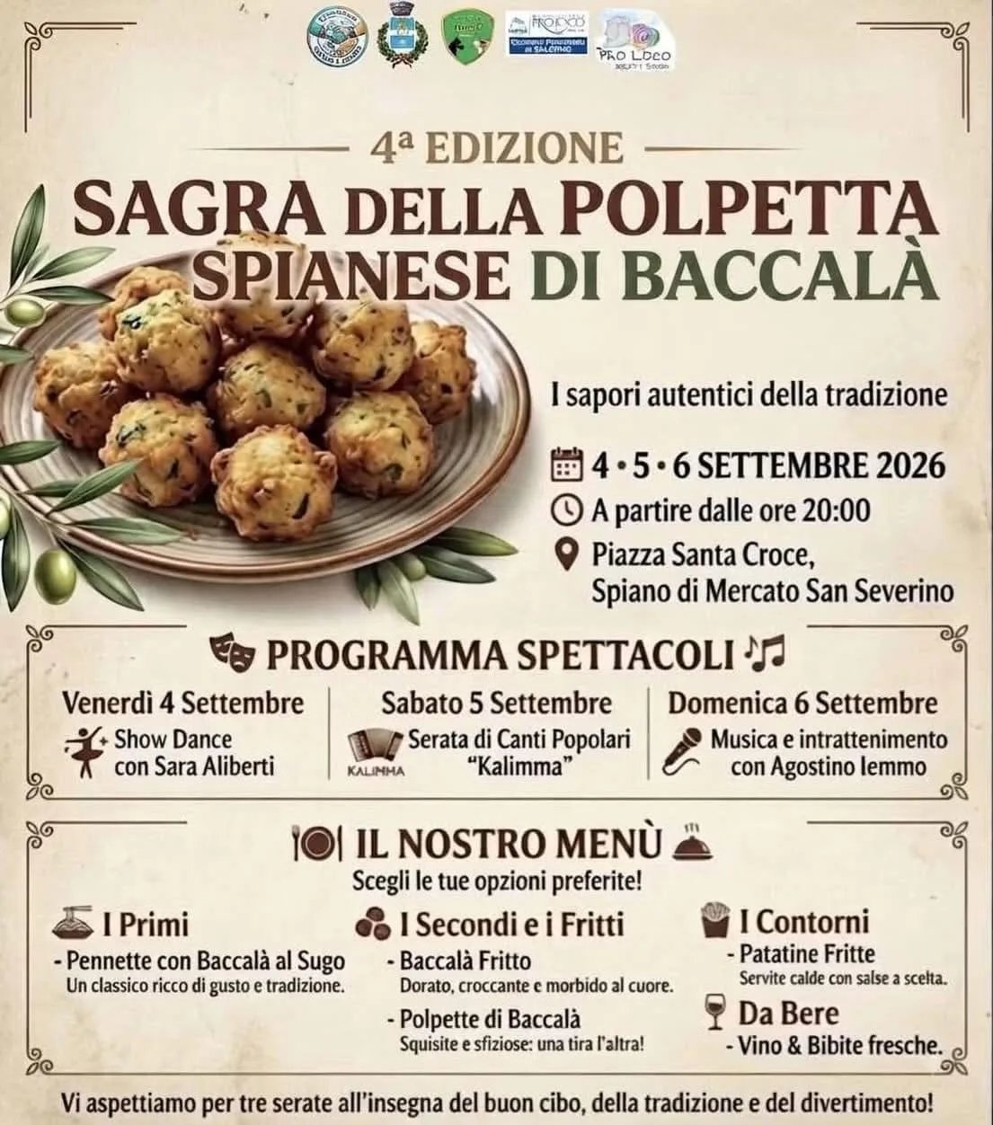 Locandina 4ª Sagra della Polpetta Spianese di Baccalà 2026 a Mercato San Severino (Salerno)