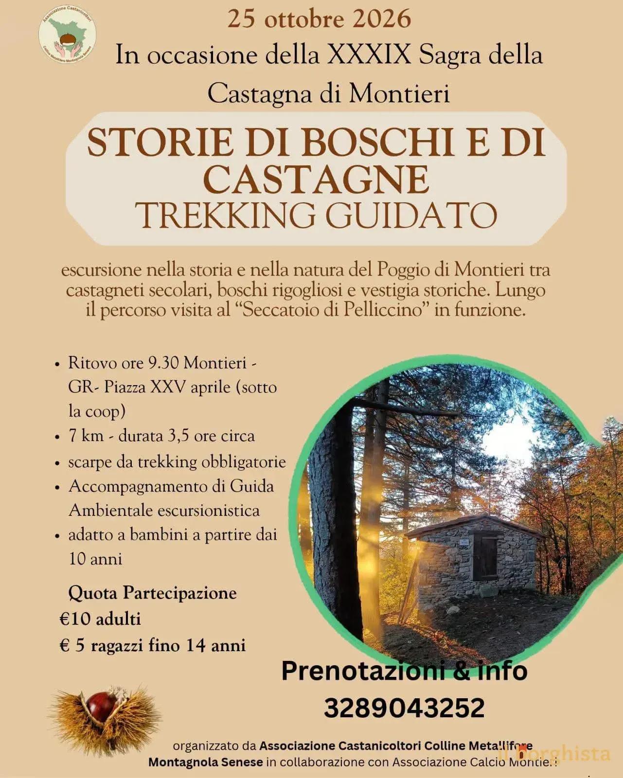 Locandina Storie di Boschi e di Castagne – Trekking Guidato 2026 a Montieri (Grosseto)