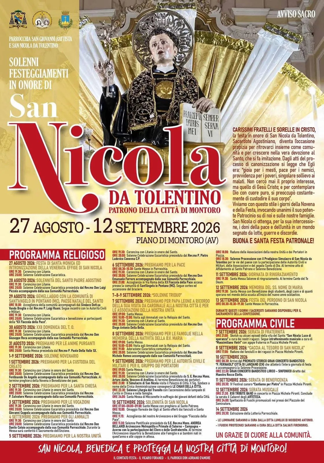 Locandina Solenni Festeggiamenti in onore di San Nicola da Tolentino 2026 a Montoro (Avellino)