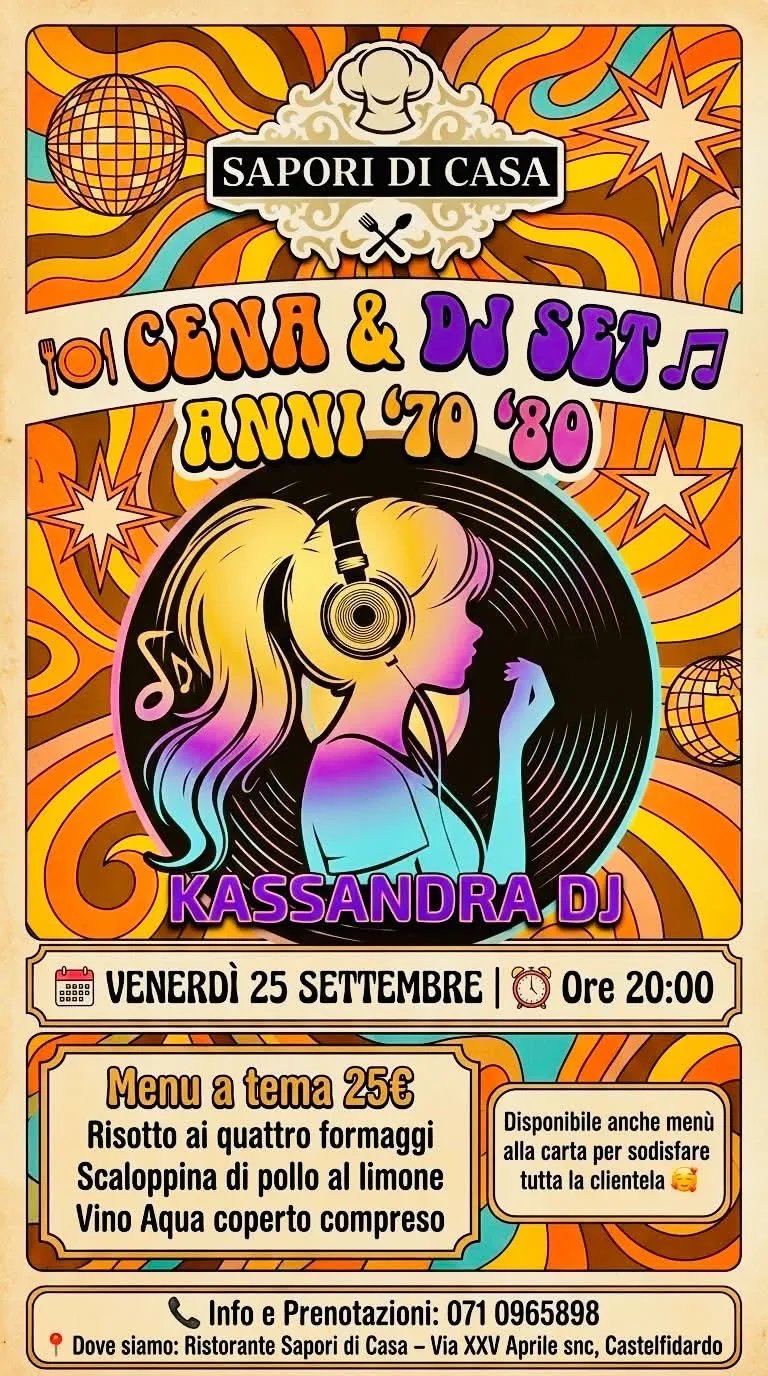 Locandina Cena & DJ Set Anni '70 '80 2026 a Castelfidardo (Ancona)