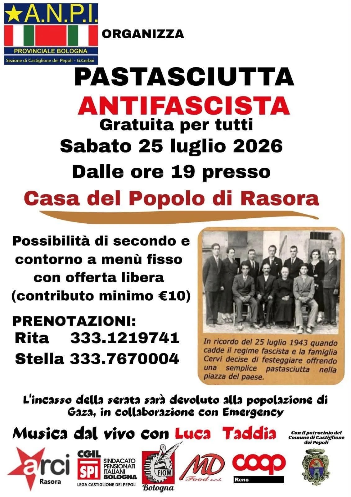 Locandina Pastasciutta Antifascista 2026 a Castiglione dei Pepoli (Bologna)