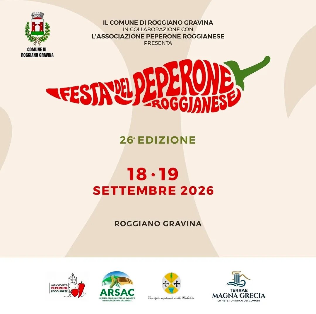 Locandina 26° Festa del Peperone Roggianese 2026 a Roggiano Gravina (Cosenza)