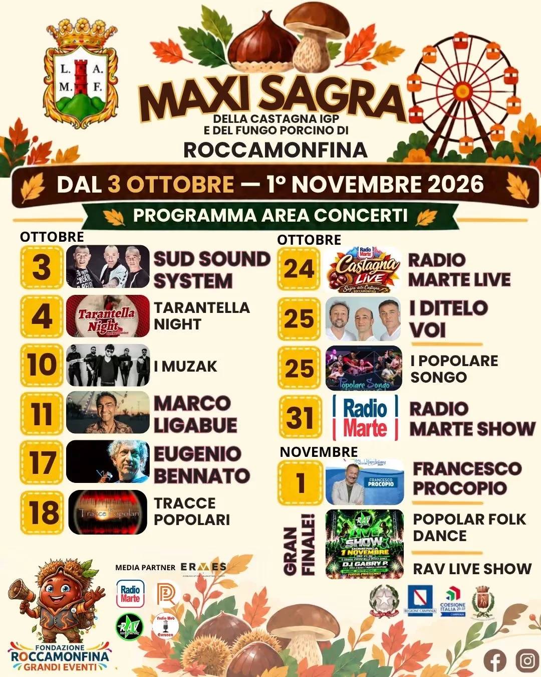 Locandina calendario eventi autunno 2026 a Roccamonfina (Caserta)