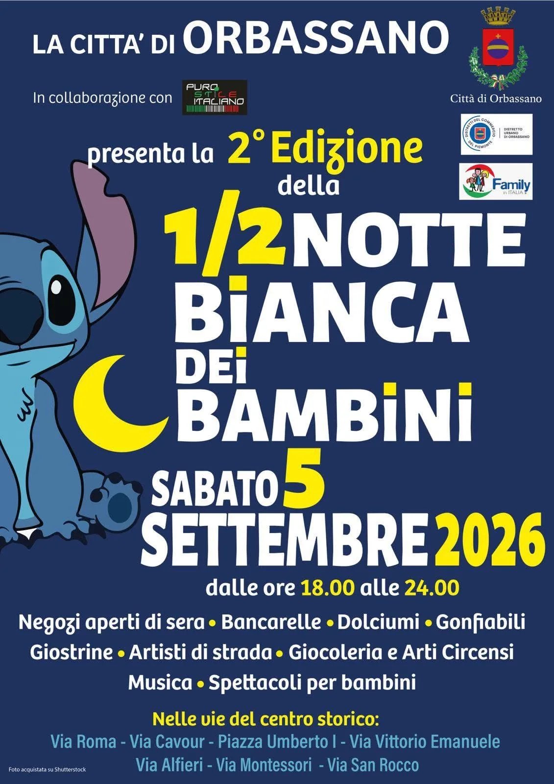 Locandina 2° Edizione della 1/2 Notte Bianca dei Bambini 2026 a Orbassano (Torino)