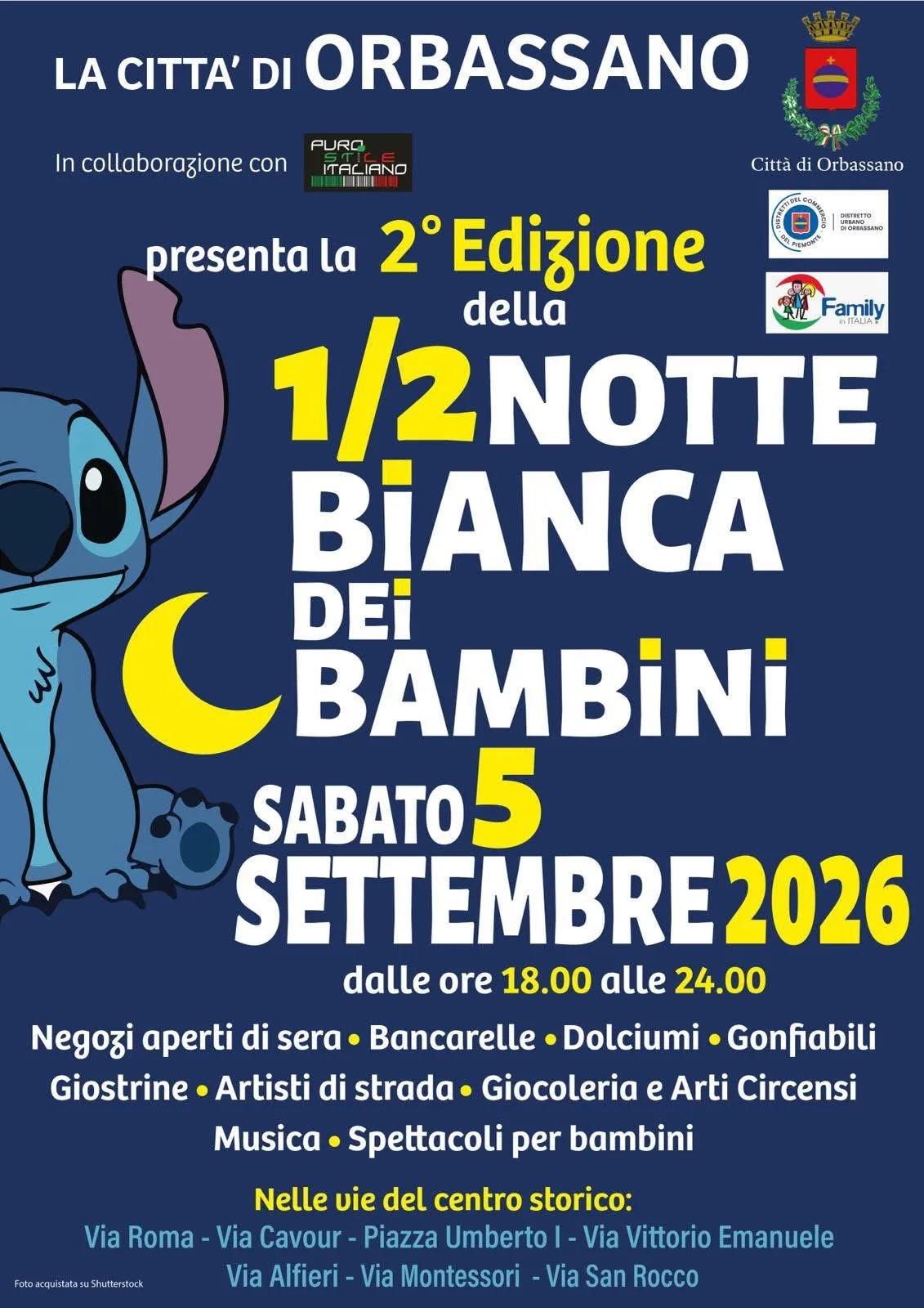 Locandina 2° Edizione della 1/2 Notte Bianca dei Bambini 2026 a Orbassano (Torino)