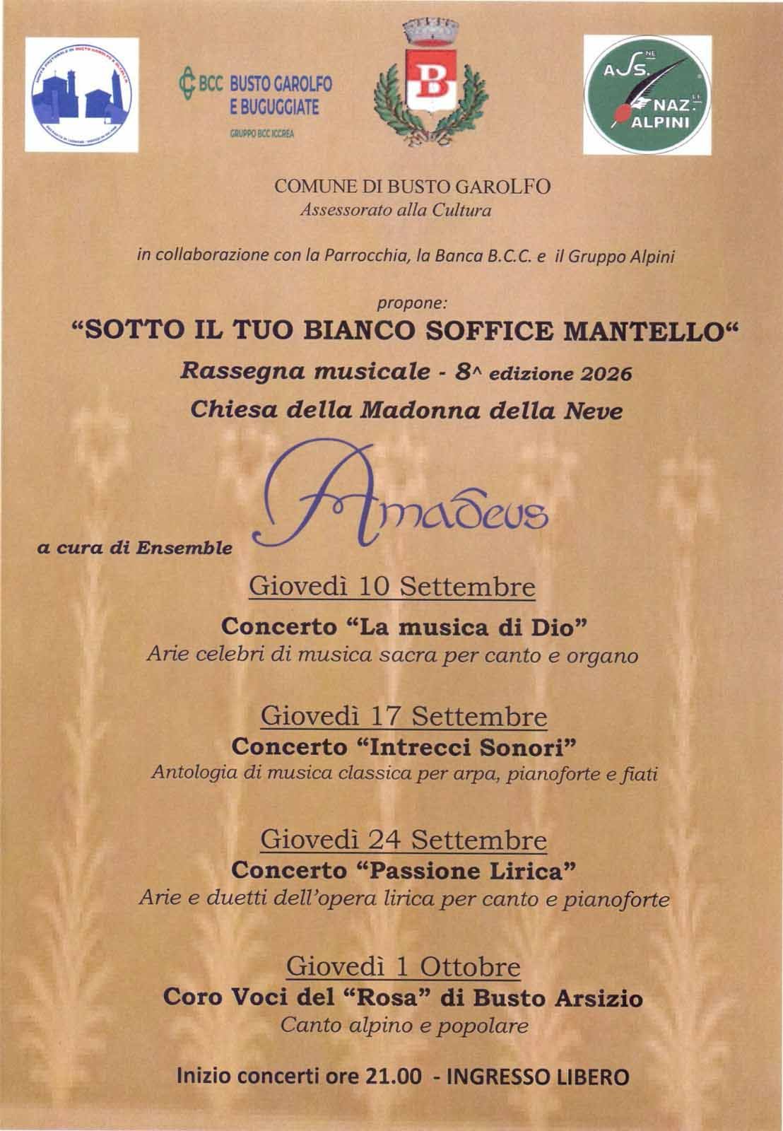 Locandina A Busto Garolfo “La musica di Dio”: arie sacre per voci e organo nella chiesa della Madonna della Neve il 10 settembre a Busto Garolfo (Milano)