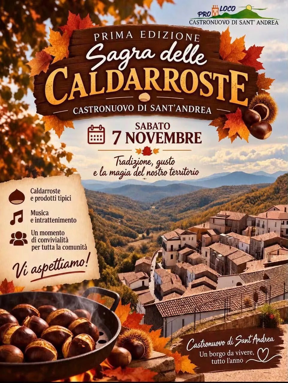 Locandina 1ª Sagra delle Caldarroste Castronuovo di Sant'Andrea 2026 a Castronuovo di Sant'Andrea (Potenza)