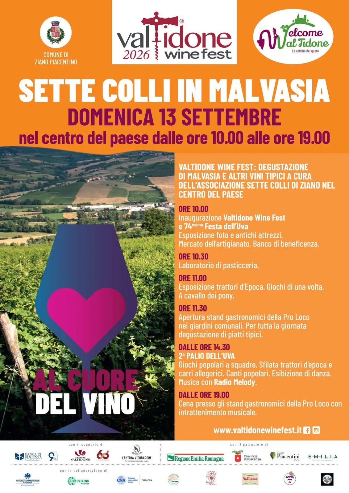 Locandina Valtidone Wine Fest 2026 — Sette Colli in Malvasia a Ziano Piacentino (Piacenza)