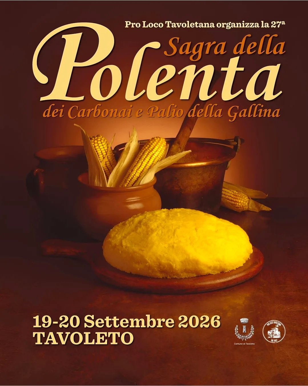 Locandina 27ª Sagra della Polenta dei Carbonai e Palio della Gallina 2026 a Tavoleto (Pesaro e Urbino)