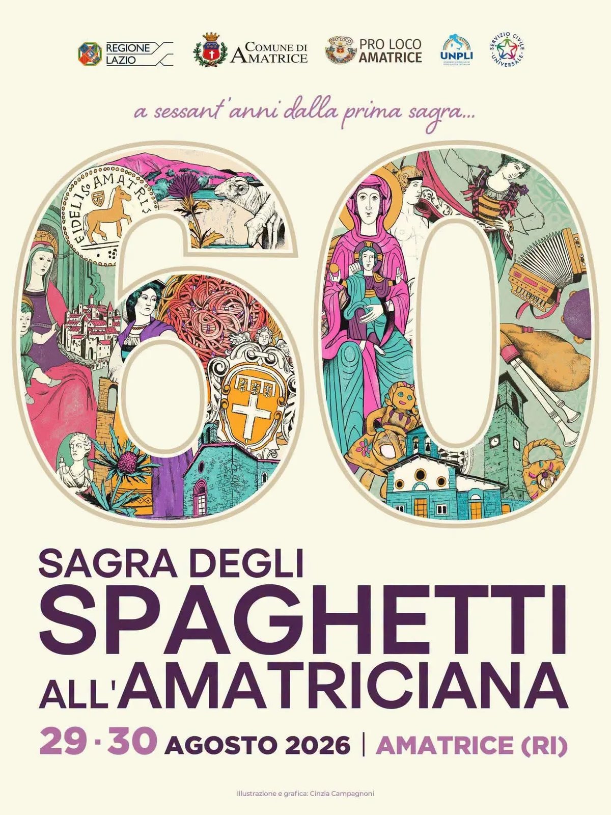 Locandina 60ª Sagra degli Spaghetti all'Amatriciana 2026 a Amatrice (Rieti)