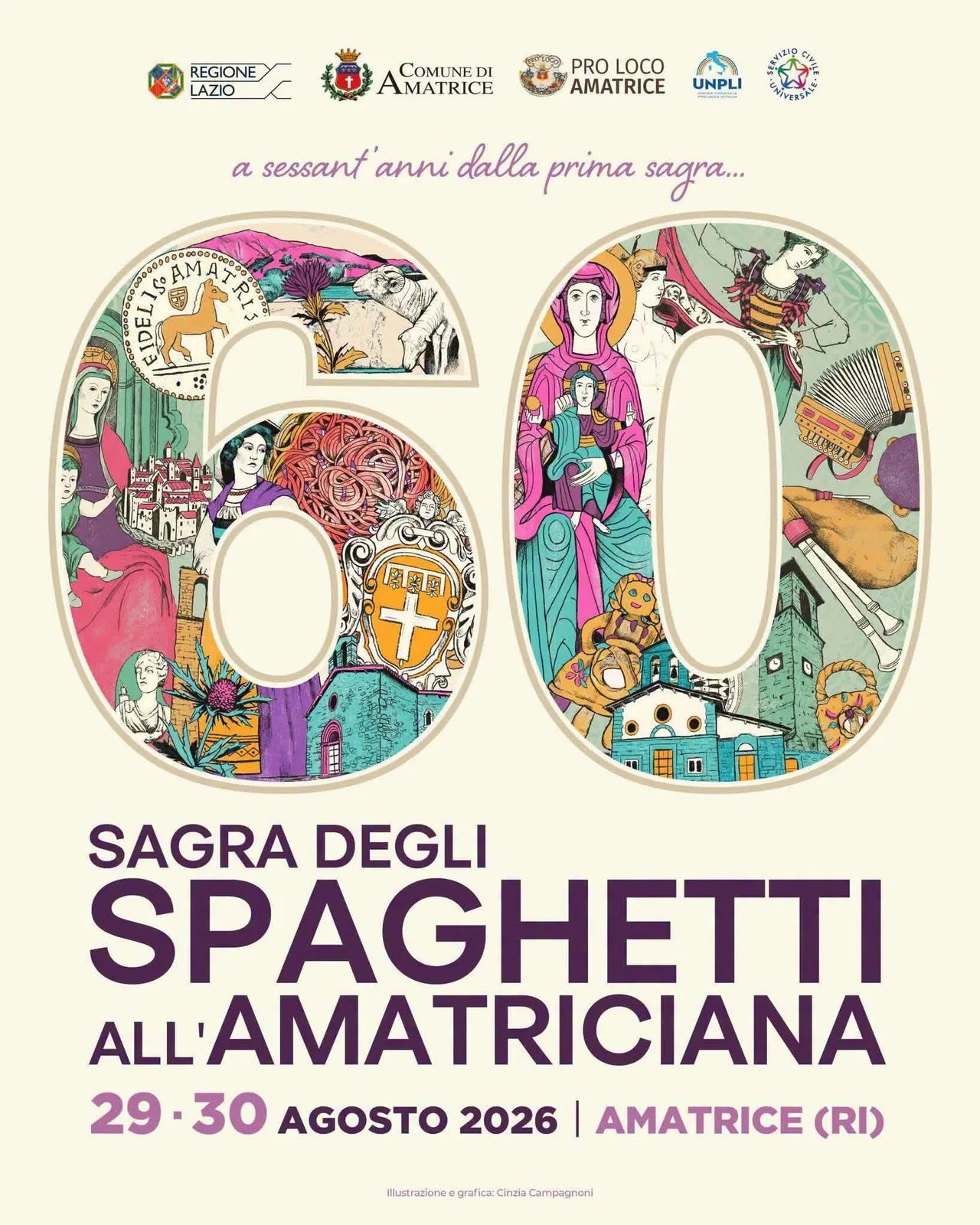 Locandina 60ª Sagra degli Spaghetti all'Amatriciana 2026 a Amatrice (Rieti)