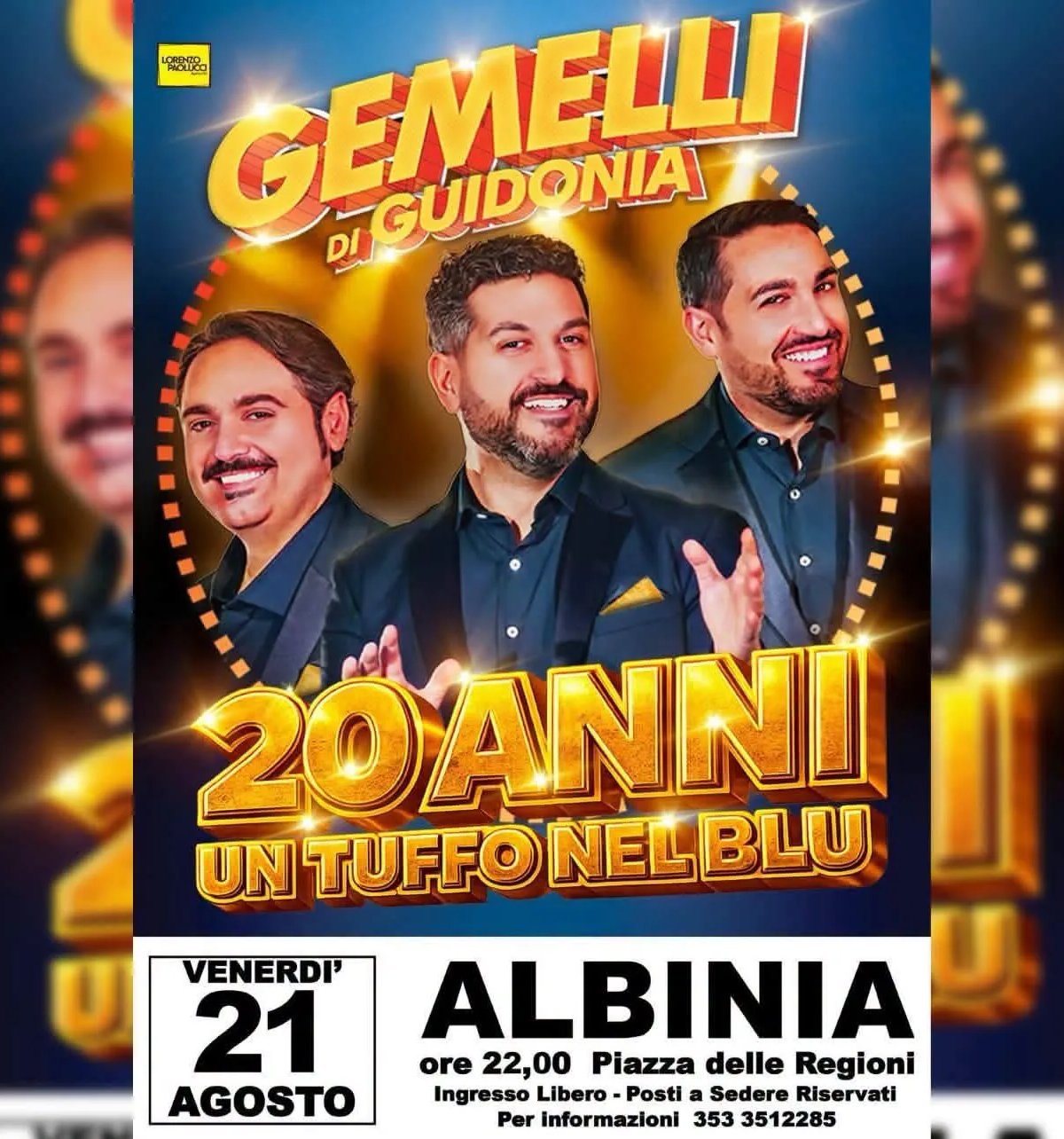 Locandina Gemelli di Guidonia 20 Anni Un Tuffo nel Blu 2026 a Orbetello (Grosseto)