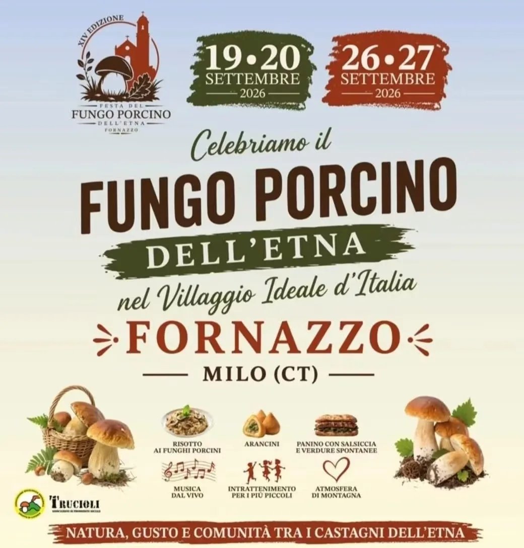 Locandina XIV Festa del Fungo Porcino dell'Etna 2026 a Milo (CT)