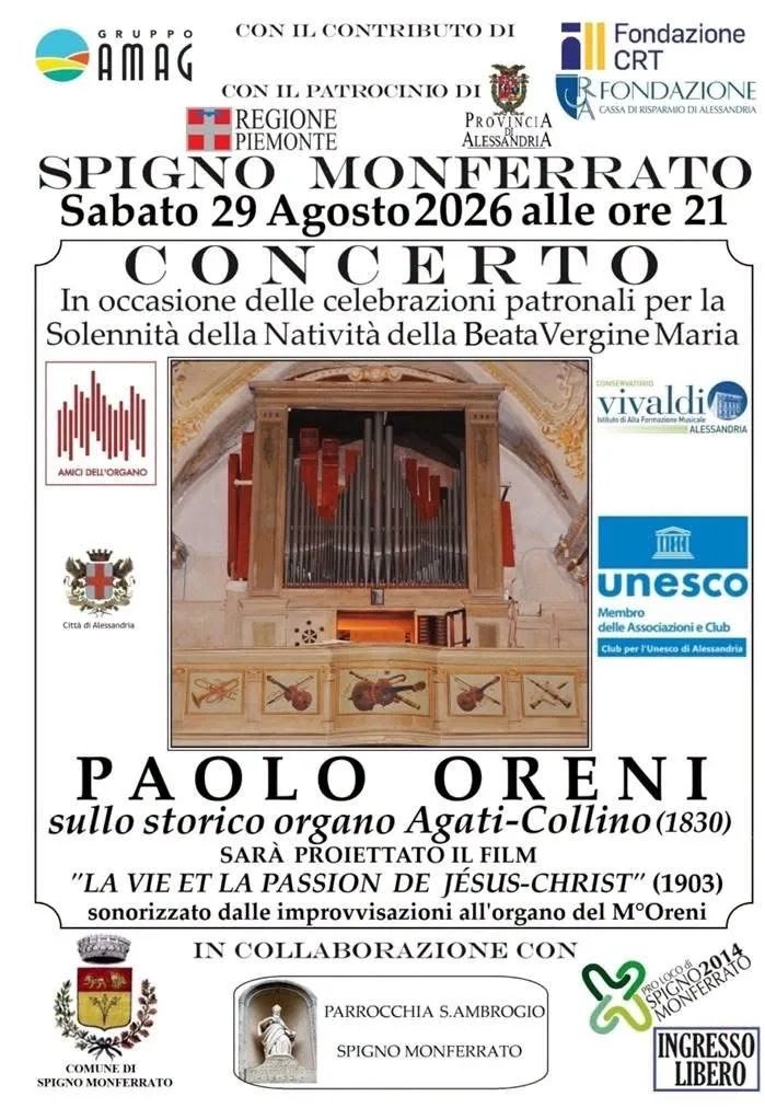 Locandina Concerto Paolo Oreni su organo storico 2026 a Spigno Monferrato (Alessandria)