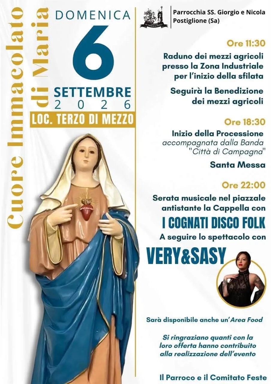 Locandina Festa Cuore Immacolato di Maria 2026 a Postiglione (Salerno)