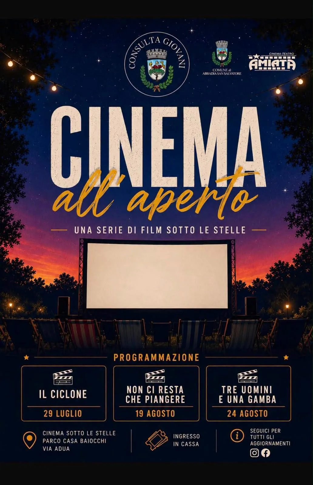 Locandina Non ci resta che piangere — Cinema all'aperto 2026 a Abbadia San Salvatore (Siena)