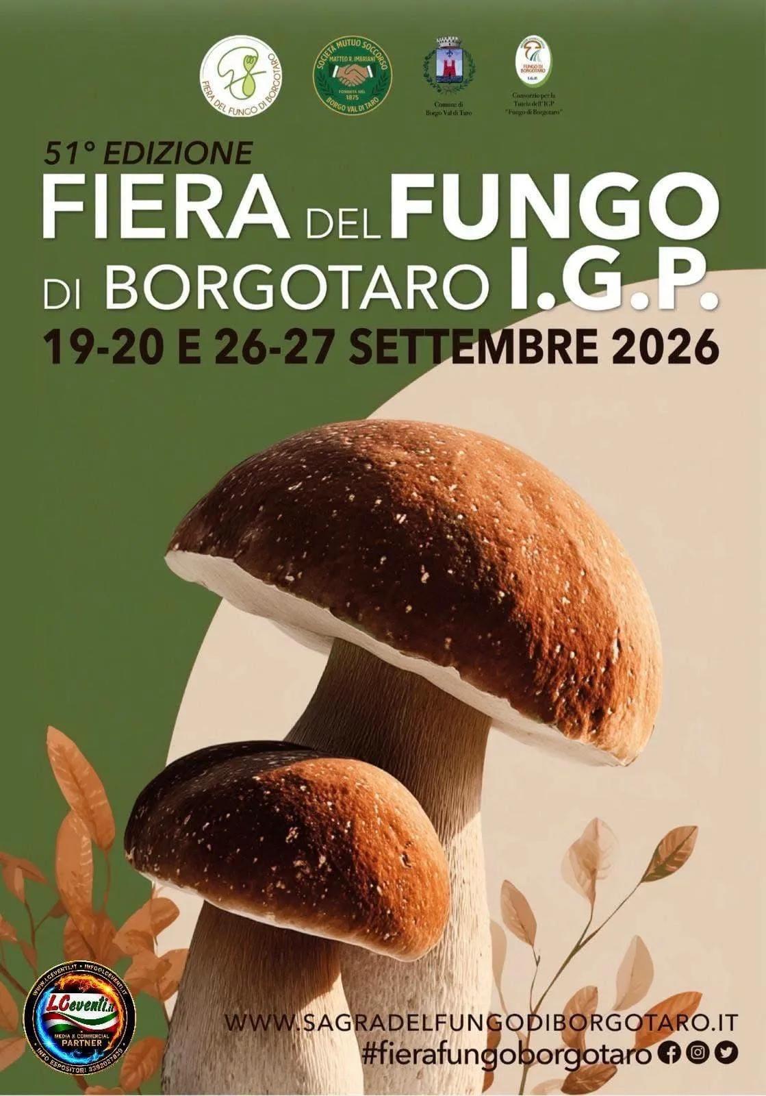 Locandina 51ª Fiera del Fungo di Borgotaro I.G.P. 2026 a Borgo Val di Taro (Parma)