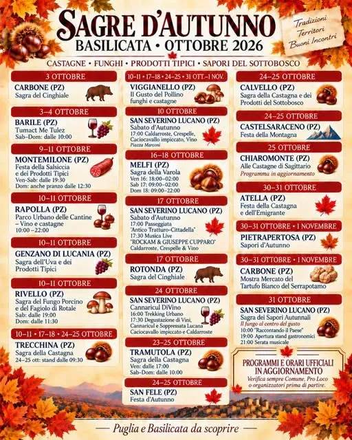 Locandina calendario eventi ottobre 2026 a Carbone (Potenza)
