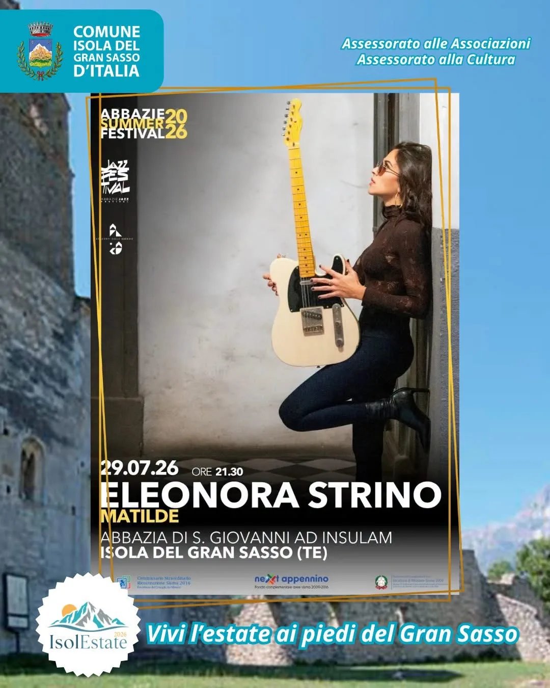 Locandina Abbazie Summer Festival 2026: Eleonora Strino Matilde a Isola del Gran Sasso d'Italia (Teramo)