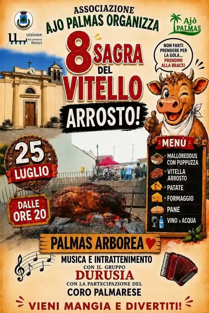 Locandina 8ª Sagra del Vitello Arrosto 2026 a Palmas Arborea (Oristano)
