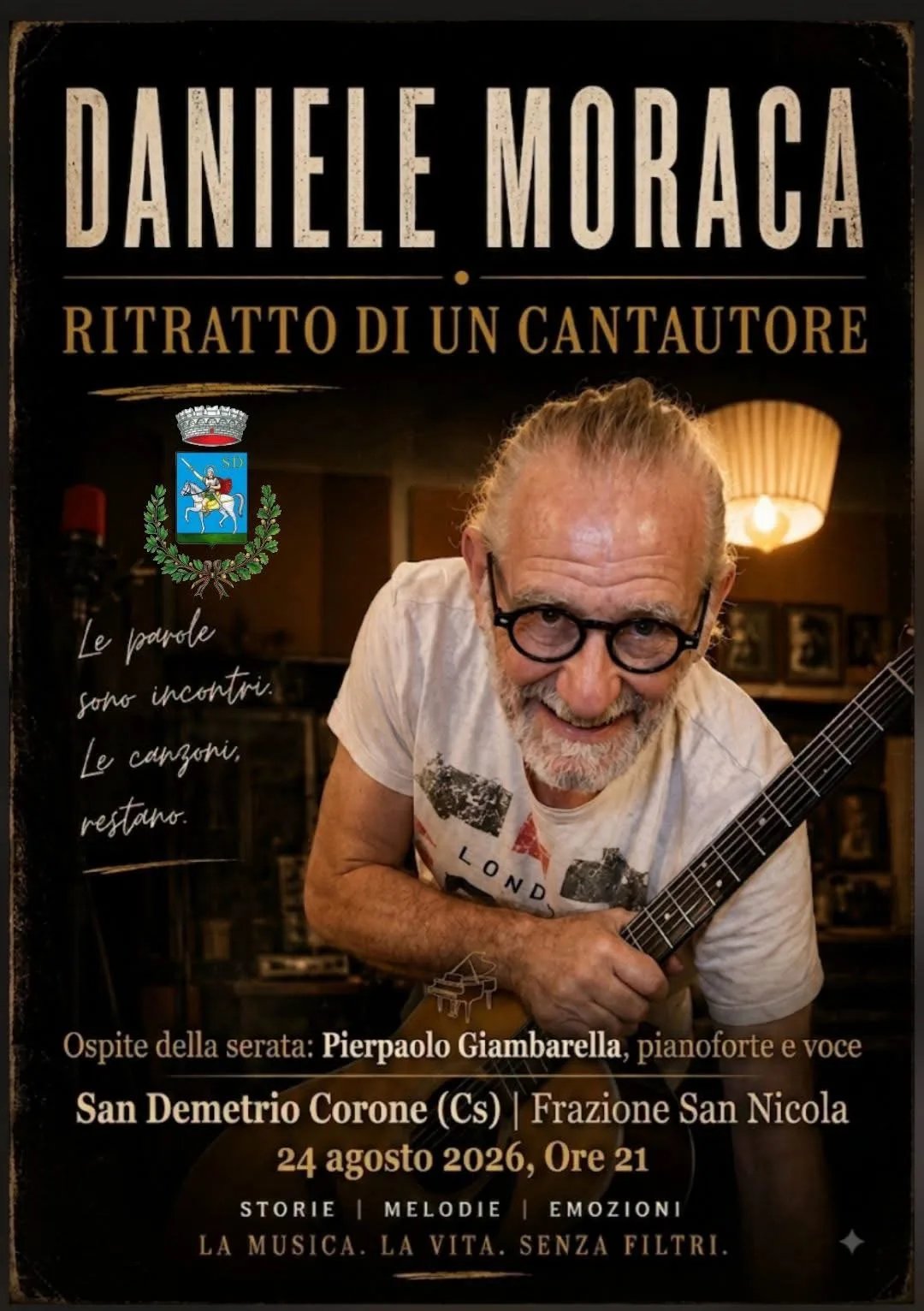 Locandina Daniele Moraca - Ritratto di un Cantautore 2026 a San Demetrio Corone (Cosenza)
