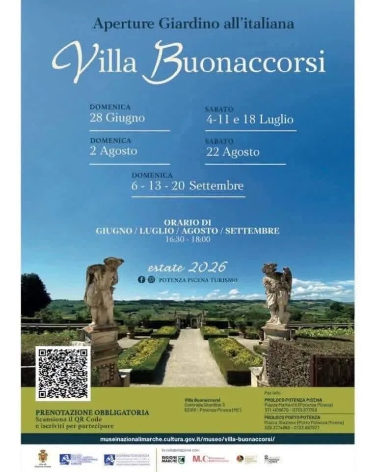 Locandina Aperture Giardino all’italiana — Villa Buonaccorsi 2026 a Potenza Picena (Macerata)