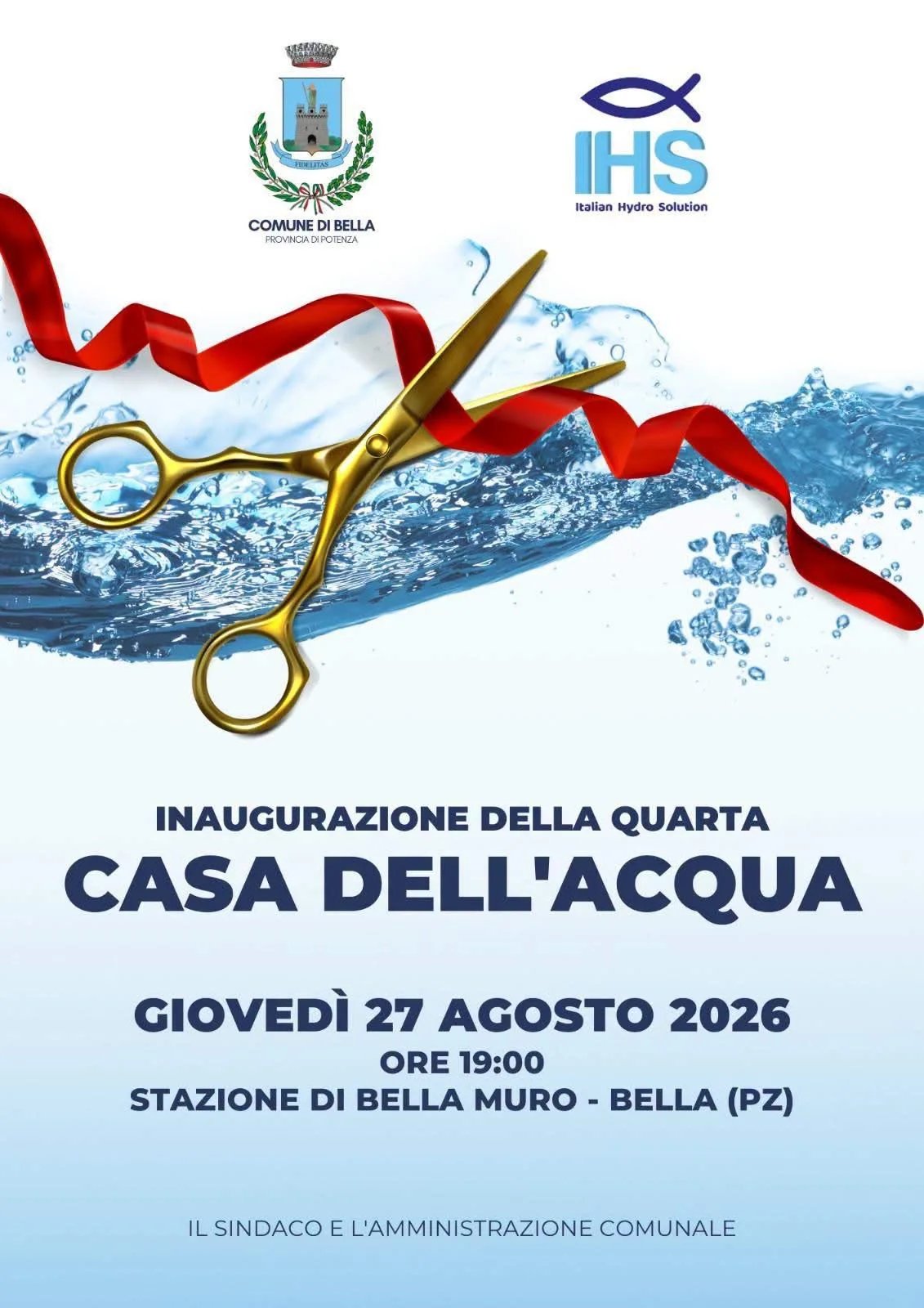 Locandina Inaugurazione della quarta Casa dell'Acqua 2026 a Bella (Potenza)