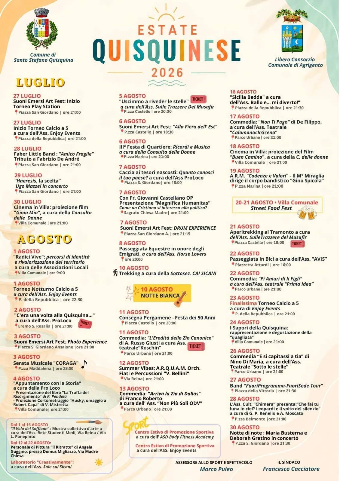Locandina calendario eventi estate 2026 a Santo Stefano Quisquina (Agrigento)