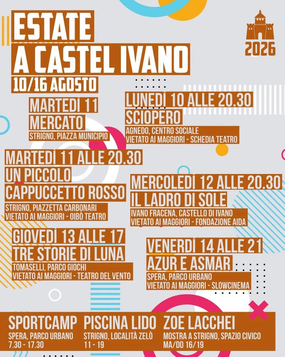 Locandina calendario eventi agosto 2026 a Castel Ivano (Trento)