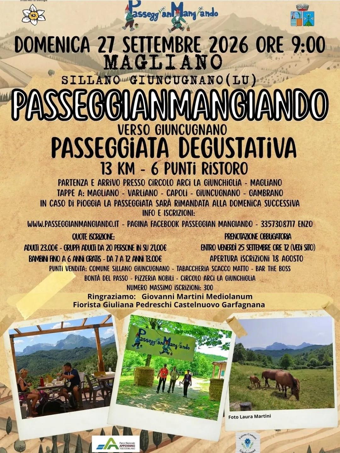 Locandina Passeggianmangiando – Passeggiata degustativa 2026 a Sillano Giuncugnano (Lucca)