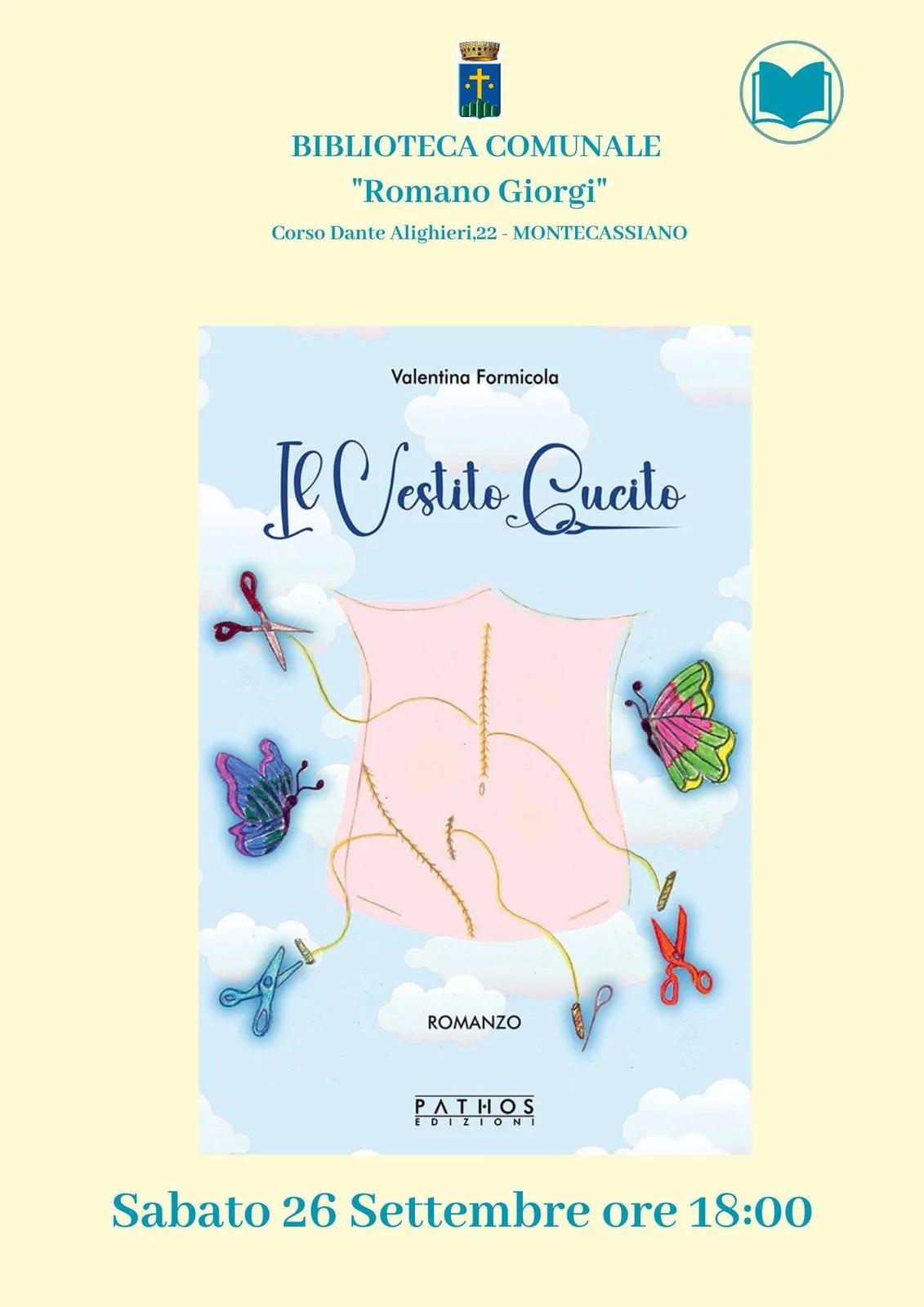 Locandina Presentazione del romanzo Il Vestito Cucito 2026 a Montecassiano (Macerata)