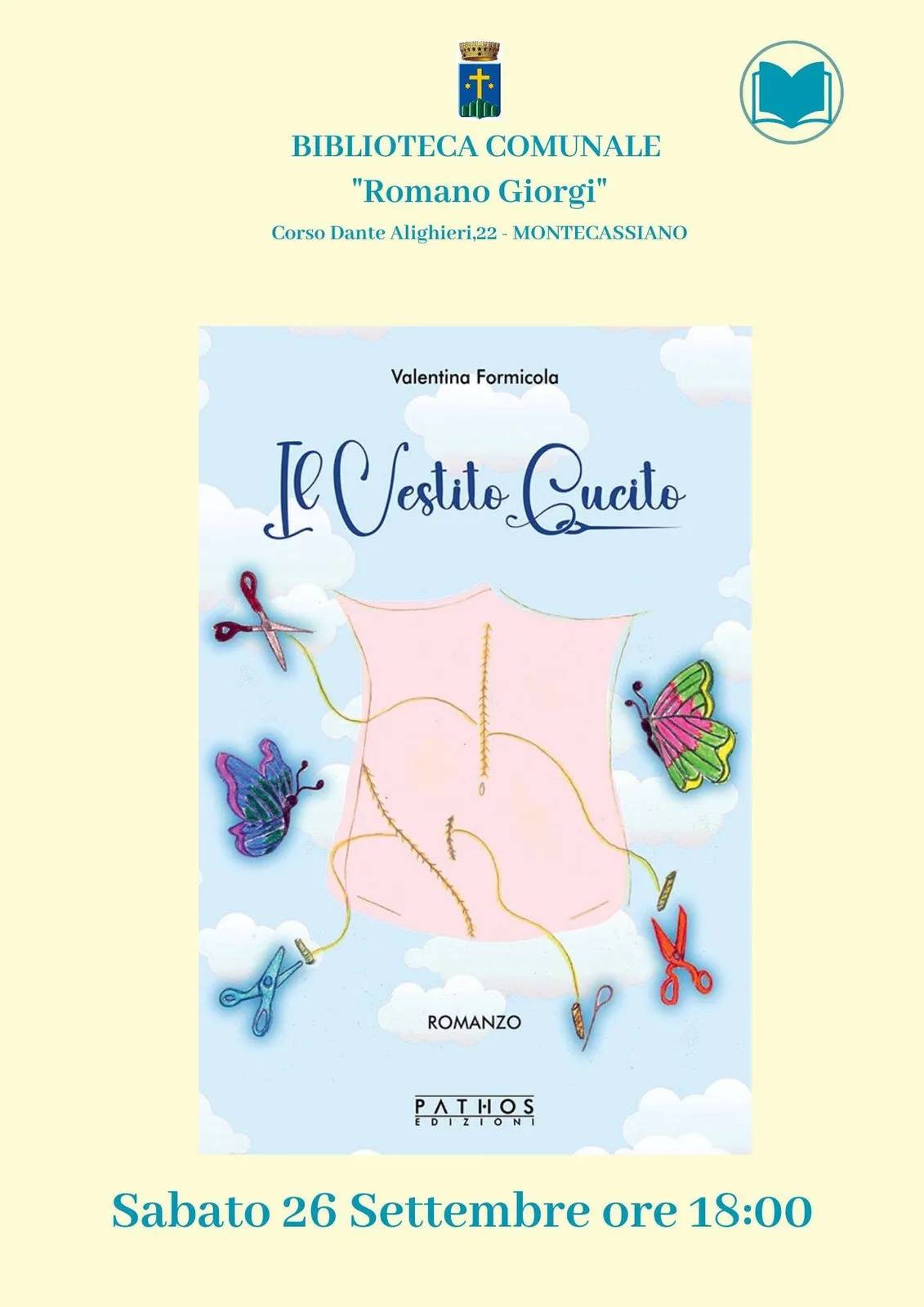 Locandina Presentazione del romanzo Il Vestito Cucito 2026 a Montecassiano (Macerata)